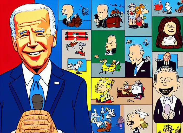 Image similar to joe biden, a jigsaw puzzle by charles schulz, behance contest winner, naive art, official art, colorized, digitally enhanced