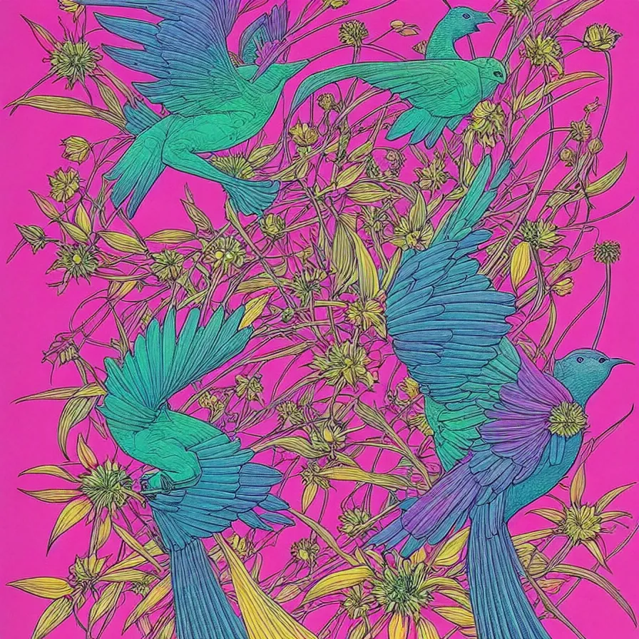 Image similar to ( ( ( ( beautiful flowers and birds, surrounded by decorative frame design ) ) ) ) by mœbius!!!!!!!!!!!!!!!!!!!!!!!!!!!, overdetailed art, colorful, artistic record jacket design