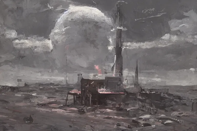 Prompt: A beautiful painting of a large complex moon base, a rocket launching in the distance, harsh lighting from low on the horizon, by greg rutkowski and ralph mcquarrie, Trending on buttstation, blues grays and brown hues, cdx