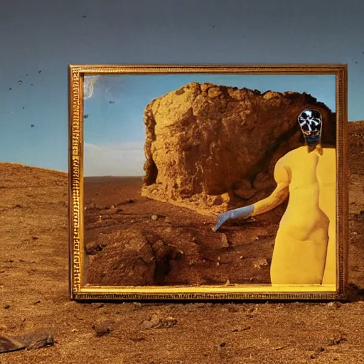 Image similar to salvador dali with full - face golden mask in a dry rocky desert landscape, visible sky and sunny atmosphere, fata morgana and giant square mirrors, film still from the movie by alejandro jodorowsky with cinematogrophy of christopher doyle and art direction by hans giger, anamorphic lens, kodakchrome, very detailed photo, 8 k