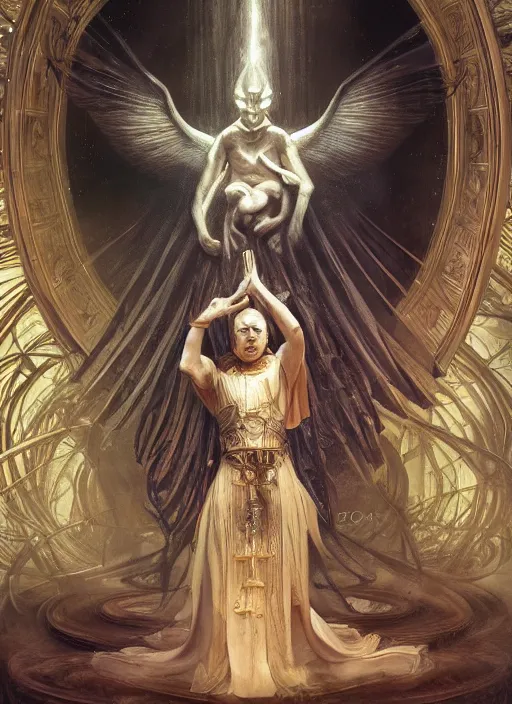 Image similar to album art priest casting divine chest spell, physically accurate, moody dynamic lighting, very very intricate, very very elegant, highly detailed, digital painting, artstation, HR GIGER, Hieronymus Bosch, Francis Bacon, concept art, smooth, very beautiful, sharp focus, illustration, art by artgerm and greg rutkowski and alphonse mucha