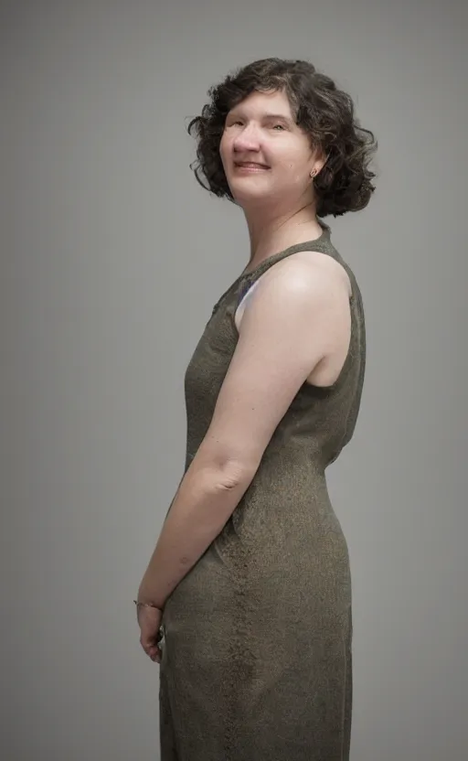 Prompt: a studio portrait of a woman proud to wear sustainable clothing made from the combination of bacteria, yeast, sugar, and tea, half - body shot