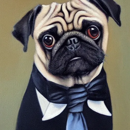 Image similar to pug in a suit, painting by ralph grady james, jean christian biville