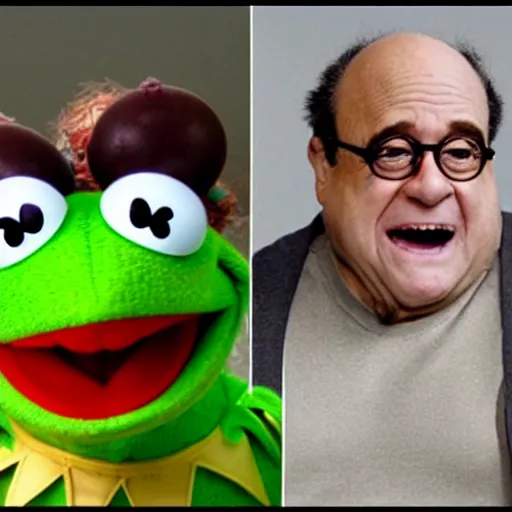 Image similar to top 1 0 anime battles, kermit the frog vs. danny devito