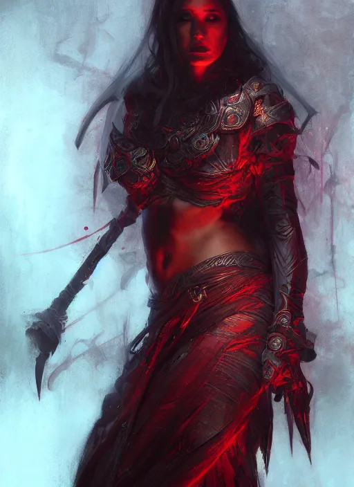 Image similar to diablo 4 lilith, red tones, beautiful face, rule of thirds, intricate outfit, spotlight, by greg rutkowski, by jeremy mann, digital painting