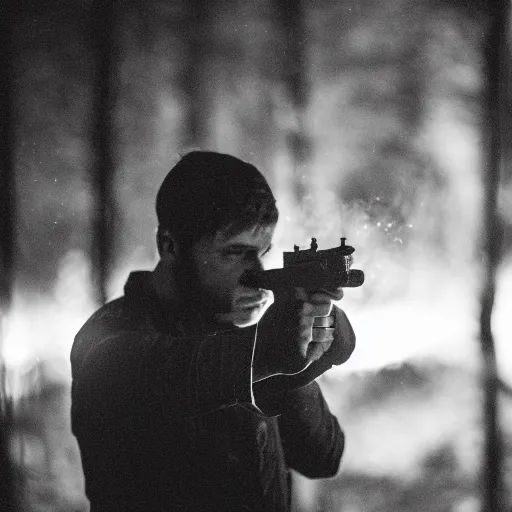Prompt: An atmospheric close up photo of A man sticking a gun in the camera, bokeh, hard grain film, masterpiece