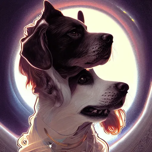 Image similar to Portrait of dog in space, dark fantasy, intricate, elegant, highly detailed, digital painting, artstation, concept art, smooth, sharp focus, illustration, art by Sam Youn and Fernanda Suarez and Artem Demura and alphonse mucha