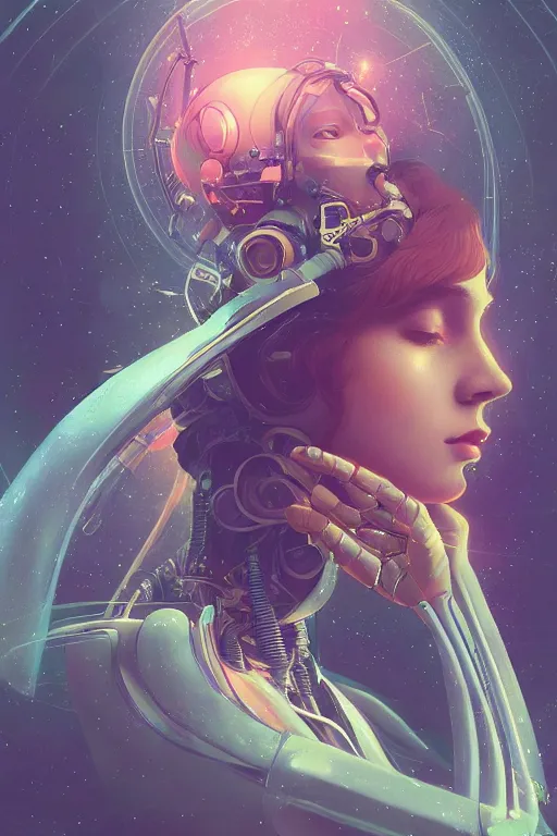 Image similar to A beautiful robotic woman dreaming, cinematic lighting, soft bokeh, sci-fi, modern, colourful, highly detailed, digital painting, artstation, concept art, sharp focus, illustration, by alphonse mucha