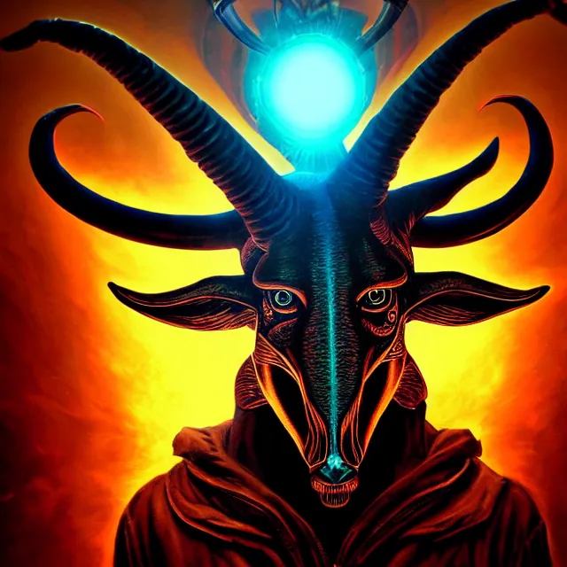 Prompt: Beautiful centered portrait 3d render of the illuminati Baphomet, face portrait, atmospheric lighting, painted, intricate, volumetric lighting, beautiful, rich deep colors masterpiece, sharp focus, ultra detailed, in the style of Dan Mumford and marc simonetti, with a clear crowded futuristic cyberpunk city in the background, astrophotography