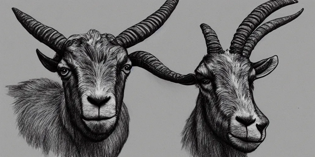 Image similar to full body shot of a large goat with the horns shaped like an axe head, pencil drawing, illustration, black and white, artstation