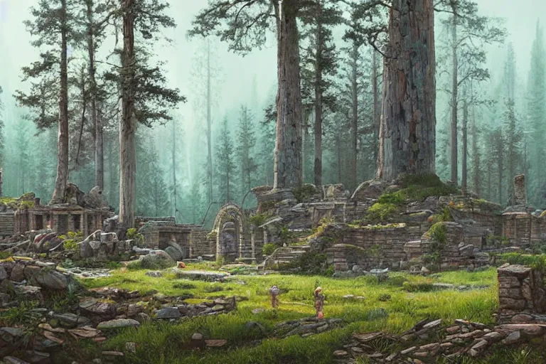 Prompt: beautiful ancient ruins in a swedish forest view, highly detailed, very realistic, intricate, soft lighting, very wide shot, digital painting by simon stålenhag