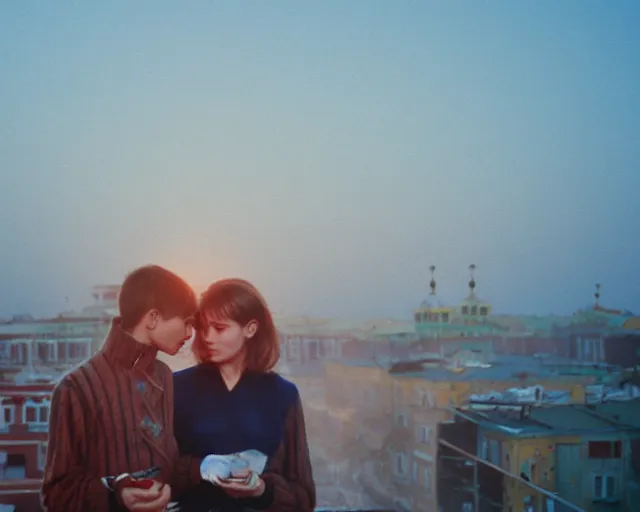 Image similar to lomo photo of pair standing on small hrushevka balcony full with cigarette smoke in small russian town looking at sunset, cinestill, bokeh