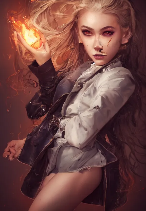 Image similar to full body illustrationf of girl with eyes that burn like cigarettes wearing a short skirt and a long jacket with fingernails that shine like justice, dramatic lighting, photorealistic, full body portrait, detailed anatomy, extreme detail, 4 k, colorful, artgerm and ben lo, octane render, detailed face, f / 2. 8