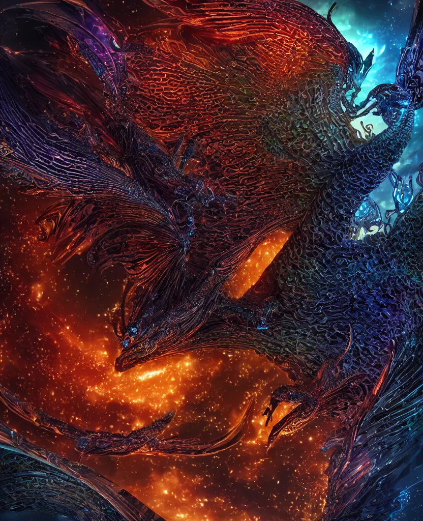 Prompt: close-up macro portrait of the dark queen, epic angle, epic pose, symmetrical artwork, photorealistic, iridescent, 3d with depth of field, blurred background. cybernetic phoenix bird, translucent dragon, nautilus. energy flows of water and fire. a highly detailed epic cinematic concept art CG render. made in Maya, Blender and Photoshop, octane render, excellent composition, cinematic dystopian brutalist atmosphere, dynamic dramatic cinematic lighting, aesthetic, very inspirational, arthouse