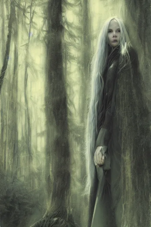 Image similar to digital drawing of wizard woman with long yellow hair standing in a forest by jeremy lipking and greg rutkowski and artgerm rendered in octane, beuatiful lighting, close - up