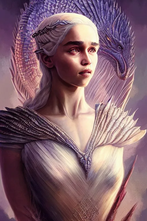 Image similar to beautiful, ethereal daenerys targaryen ( khaleesi ) portrait, art deco, fantasy, intricate art deco dragon designs, elegant, highly detailed burning background, sharp focus, game of thrones art by artgerm and beeple and greg rutkowski and wlop