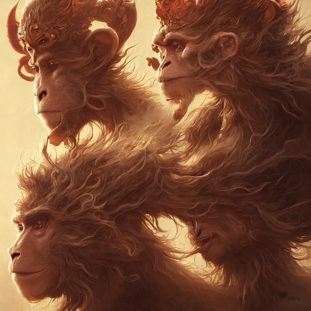 Prompt: Paul Dano as monkey king, sci-fi, amber eyes, face, long hair, fantasy, intricate, elegant, highly detailed, digital painting, artstation, concept art, smooth, sharp focus, illustration, art by artgerm and greg rutkowski and alphonse mucha