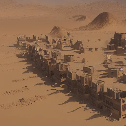 Prompt: drone shot of dusty old town in the middle of desert surrounded by sandstorm, scorching heat, sun, midday, concept art, sharp, artstation, cgsociety