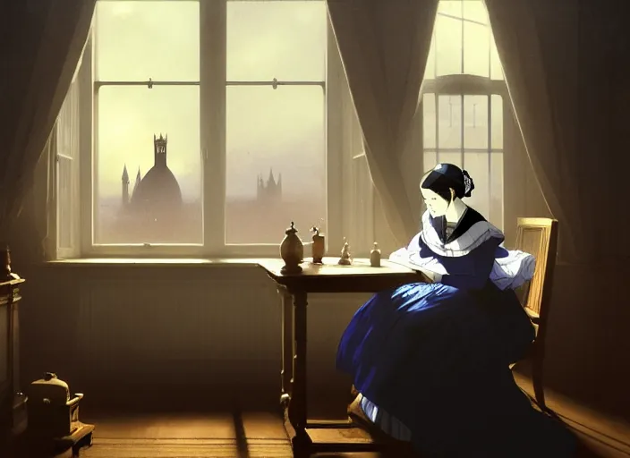 Prompt: victorian britain 1 8 3 5, adolecent florence nightingale sitting and sewing in the parlour of a english victorian manor light from a window on the right, finely detailed perfect art, gapmoe yandere grimdark, trending on pixiv fanbox, painted by greg rutkowski makoto shinkai takashi takeuchi studio ghibli