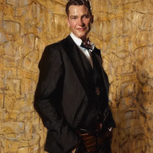 Image similar to detailed portrait of man in black suit and black coat, spring light, painting by gaston bussiere, craig mullins, j. c. leyendecker