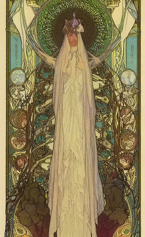 Image similar to the high priestess, tarot, beautiful border, by alfons maria mucha, highly detailded