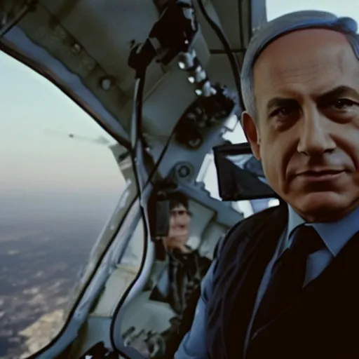 Image similar to benjamin netanyahu as the terminator in a helicopter, establishing shot, cinematic lighting