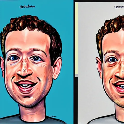 Image similar to a caricature portrait of Mark Zuckerberg drawn by Mahesh Nambiar