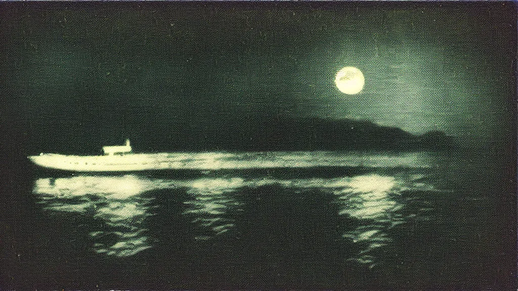 Image similar to haunted VHS glitch polaroid of a distant ferry sailing through deep blackness. strange perspective, depths, Ethereal lighting. Nighttime setting with the moon reflecting off the water