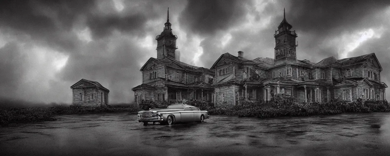 Image similar to Lovecraft Country, ultra detailed haunted house, ultra detailed storm clouds, dense rain, establishing atmospheric shot, octane renderer, unreal engine, F11 aperture, night, volumetric fog, detailed lighting and thunder, stormy weather, ultra detailed rain drops, reflections, film grain, single ultra detailed grey 1948 Packard Station Sedan parked in the street,