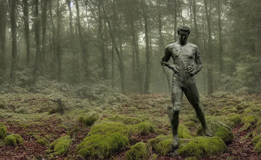 Image similar to a mossy marble statue of Cristiano Ronaldo abandoned in the middle of a forest near a lake at sunset by Greg Rutkowski, concept art, godrays, complementary colors, calm, relaxing, beautiful landscape, highly detailed, high quality, 4k HDR, path tracing, serene landscape, high coherence, soft lighting