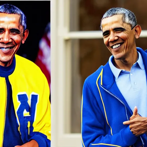 Image similar to realistic photo of casual barack obama wearing a royal blue varsity jacket with yellow sleeves