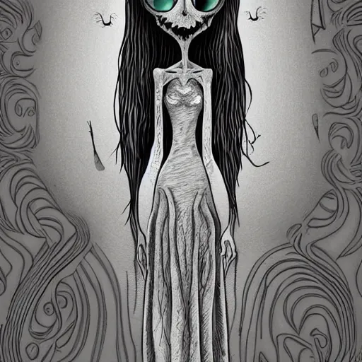 Image similar to grunge cartoon vector sketch of a human mixed with a cat by - zdzisław Beksiński in the style of corpse bride, loony toons style, horror theme, detailed, elegant, intricate