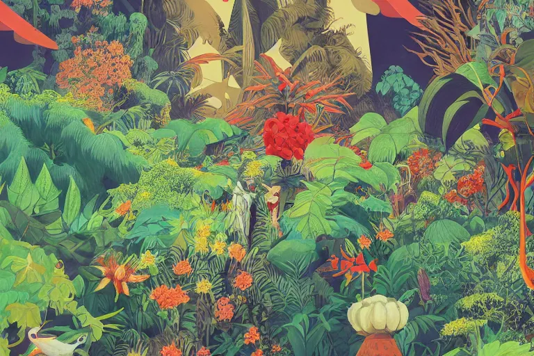 Prompt: 2 d gouache illustration, a lot of exotic vegetation, trees, ( rotterdam gabber from 9 0's ). extreme long shot, flowers, oldschool vintage sci - fi flat surreal design, super - detailed, painting by satoshi kon, hd, 4 k, high quality