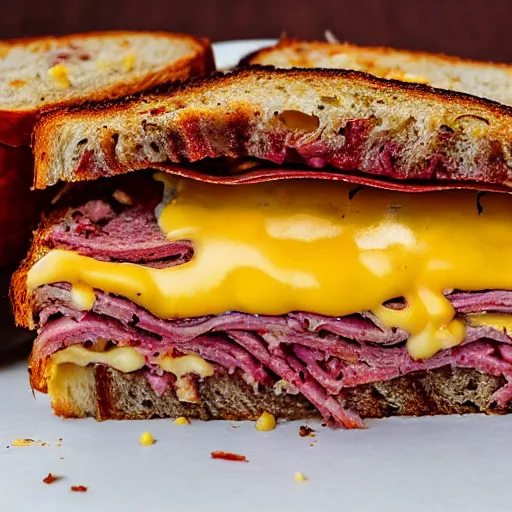 Image similar to a photograph of a rueben sandwich filled with so much cornbeef - pastrami that the sandwich is 5 times taller than other sandwiches, it looks mouth watering with melting cheeses and grilled onions, 1 0 0 0 island dressing and pumpernickle bread cooked to perfection, food photography