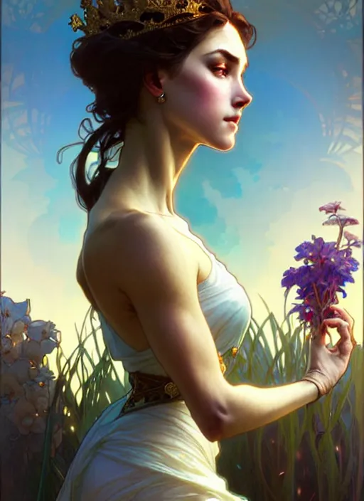 Image similar to queen, dainty wilder face, incredibly detailed face, pretty face, light dress, true anatomy, art by artgerm and greg rutkowski and alphonse mucha