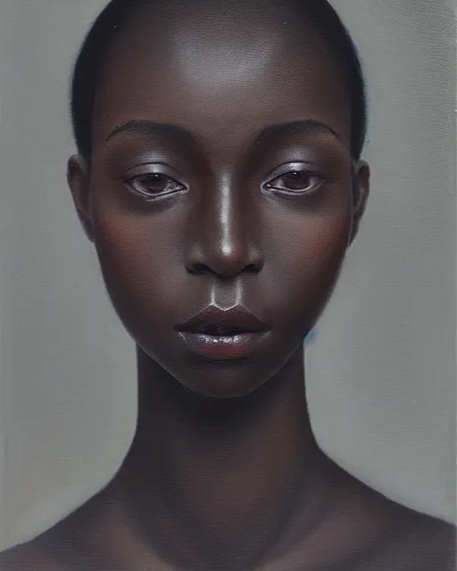 Image similar to a close up portrait a very ordinary young woman with an blank expression, by sarah moon, very dark skin, very blurry, translucent skin, foggy, oil painting, photorealistic, anatomically correct, beautiful perfect face, visible brushstrokes, sharp focus, highly detailed, cinematic lighting, 8 k, hd