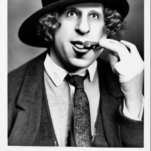 Image similar to Harpo Marx with a hat and a harmonica in his mouth, a black and white photo by Eugene Leroy, pinterest, american barbizon school, movie still, 1920s, criterion collection