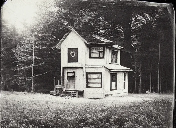 Image similar to sinister black and white old photography of a small house in the woods. daguerreotype photo