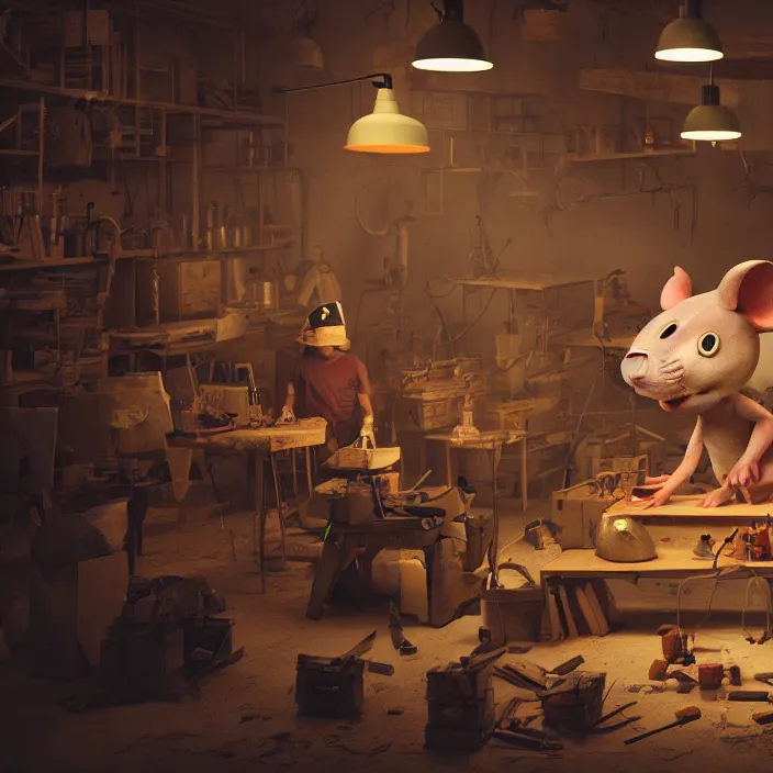 Image similar to crew of workers building giant mouse - prop - head in quaint workshop, octane render, 4 k ultra hd, hyper - detailed, realistic, seedy lighting, sharp focus, in style of beeple