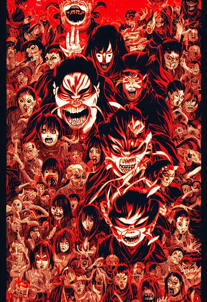 Image similar to a comic book style japanese horror poster of oni by dan mumford, yusuke murata and junji ito, blood lines, yokai, shinigami, smoke, aura, shurikens, kanji, 8k, unreal engine, trending on artstation, pixiv, intricate details, volumetric lighting