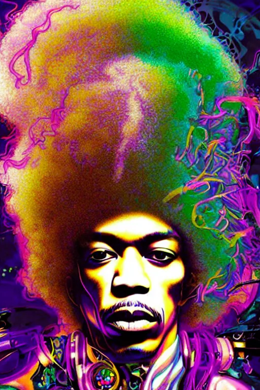 Image similar to A Weirdcore Mesmerizing 8k hyperrealistic portrait of cyberpunk Jimi Hendrix with neon hair, floating in spirals of iridescent mycelum, surrounded by purple haze, by Ayami Kojima, Daytoner, Greg Tocchini, James Jean,Yoshitaka Amano