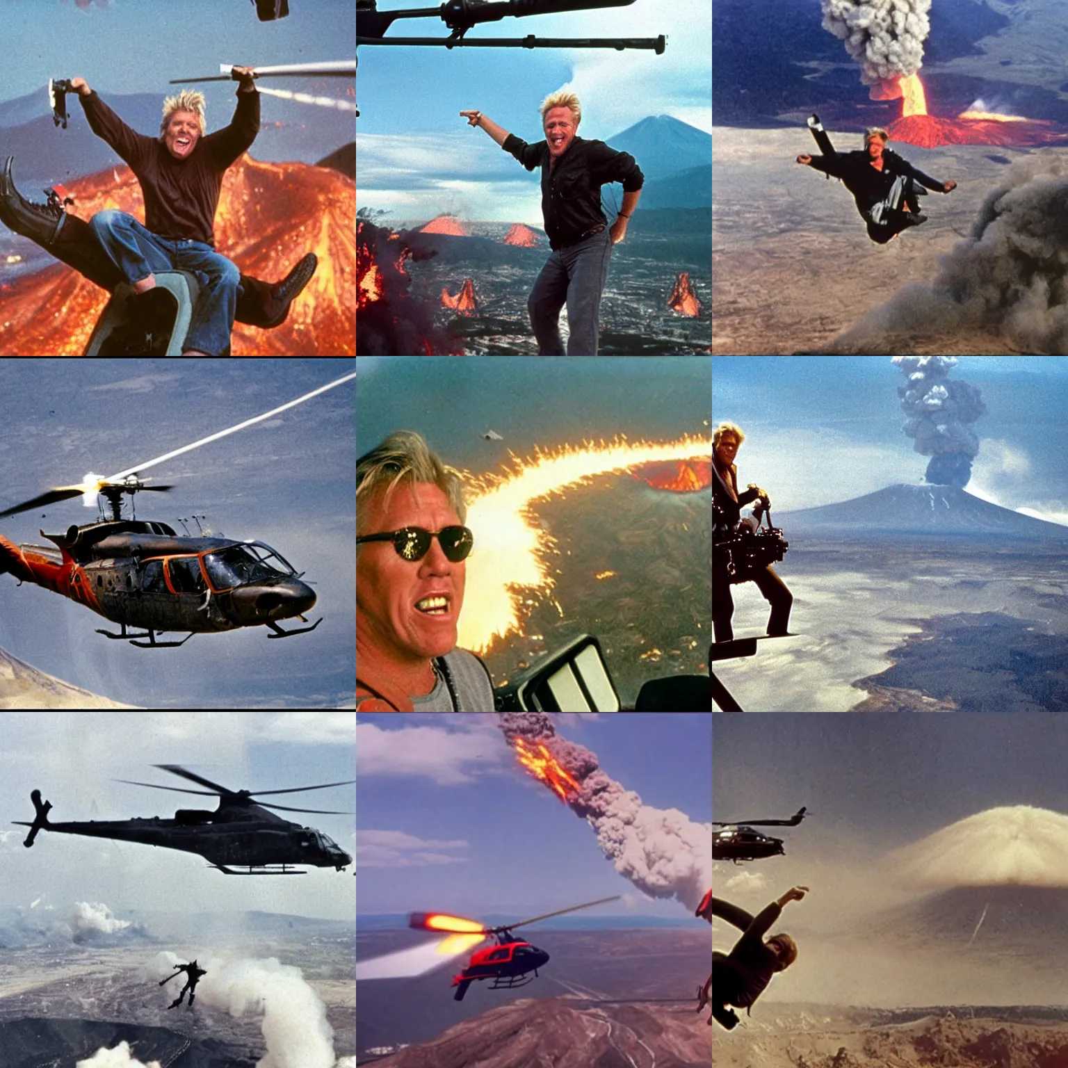 Prompt: gary busey hanging off of a helicopter while shooting a machinegun, movie still, an erupting volcano is in the background