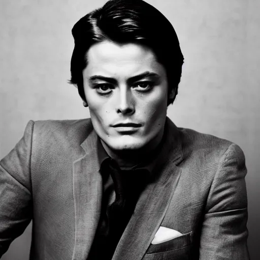 Image similar to stunning symmetrical portrait of alain delon in front of a tall moog synthesizer, high contrast grainy blank and white photography print ilford warm tone