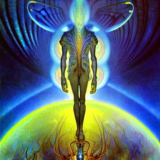 Image similar to realistic extremely detailed portrait painting of a glowing male silhouette, futuristic sci-fi landscape on background by Jean Delville, Amano, Yves Tanguy, Alphonse Mucha, Ernst Haeckel, Edward Robert Hughes, Roger Dean, rich moody colours, blue eyes