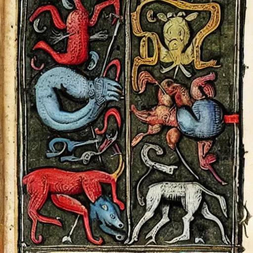 Image similar to medieval bestiary filled with uncanny grotesque beasts and freaky creatures