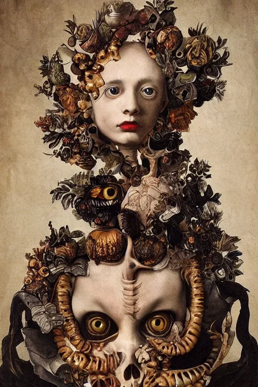 Image similar to Detailed maximalist portrait with large lips and with large, wide eyes, sad expression, extra bones, flesh, HD mixed media, 3D collage, highly detailed and intricate, surreal, illustration in the style of Caravaggio, dark art, baroque