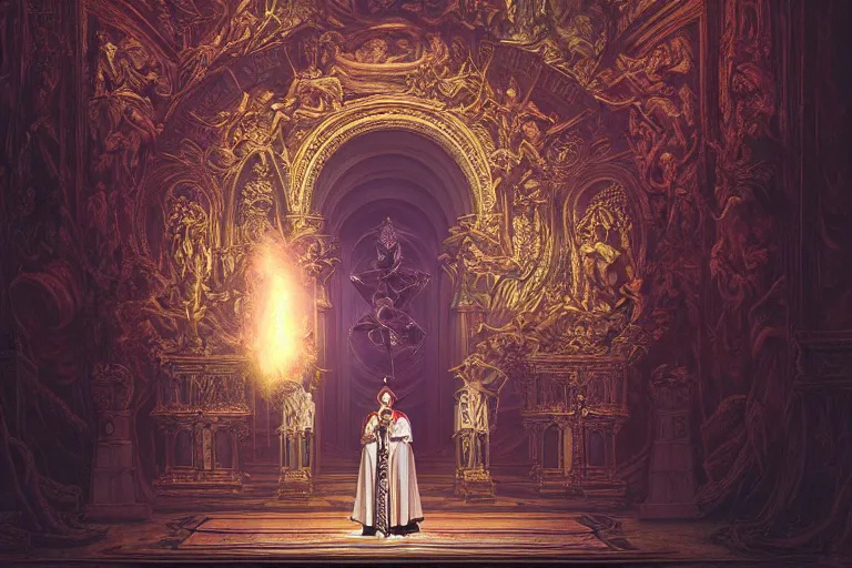 Image similar to photography group circle pope priest in an invoking ritual in front of a viscosity cthulhu within a lovecraft portal in a baroque intricate church, atmospheric lighting, rich deep colors masterpiece, fractal crystals, fantasy portrait by tom bagshaw