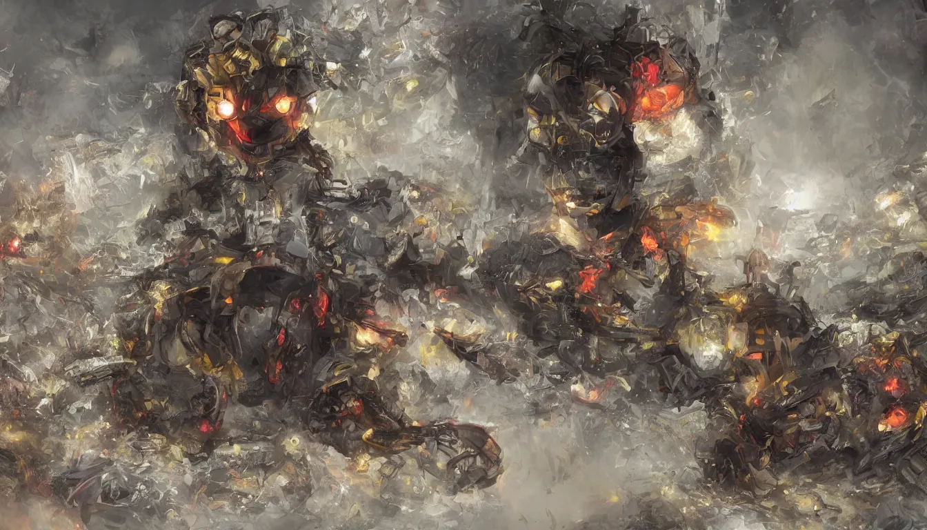 Image similar to ai limbo, gigantic robotic cat with red eyes walks in a trash heap in yellow mist, digital art, trending on artstation, 8k, epic composition, highly detailed,