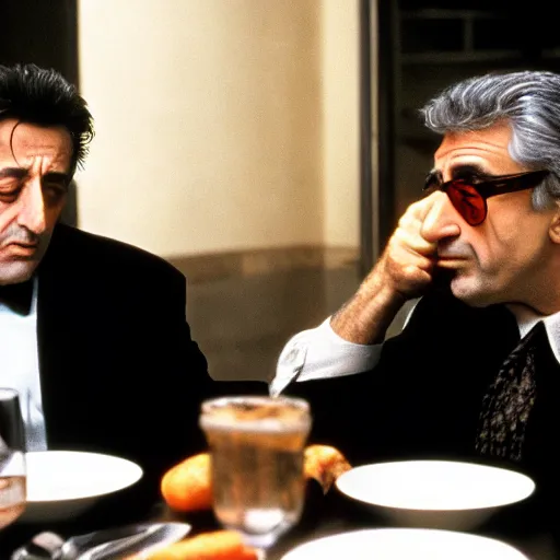 Prompt: movie still of the dinner scene in Heat, rendering of al pacino and robert de niro as old men, cinematic,