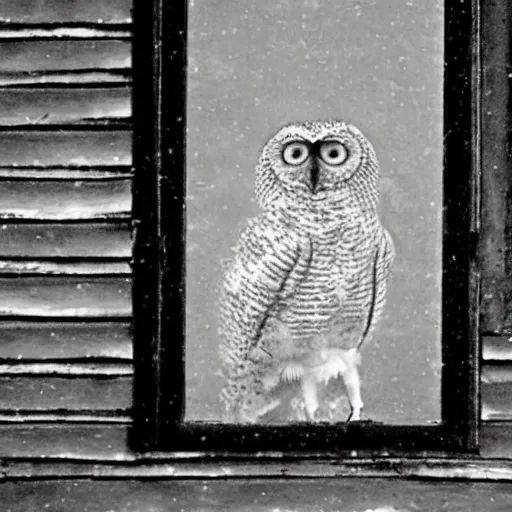 Prompt: a photo of the Duolingo owl peering into a window of a house on a dark and stormy night